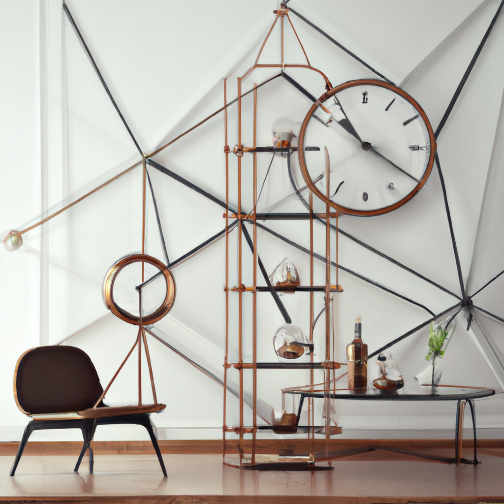 Décoration intérieure moderne avec horloge murale, étagère en cuivre, chaise design et table contemporaine sur fond géomét...