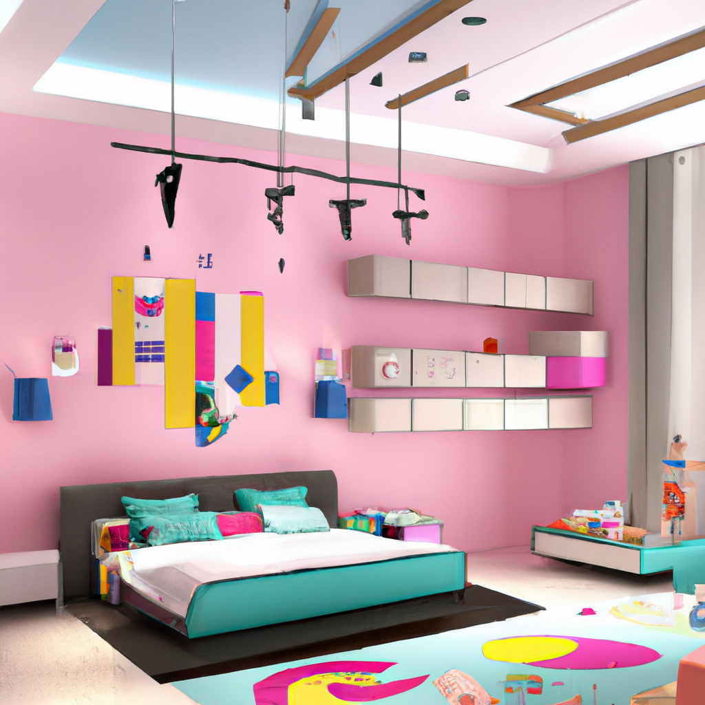 Chambre moderne avec murs roses, lit contemporain turquoise, étagères colorées, ambiance artistique et ludique.
