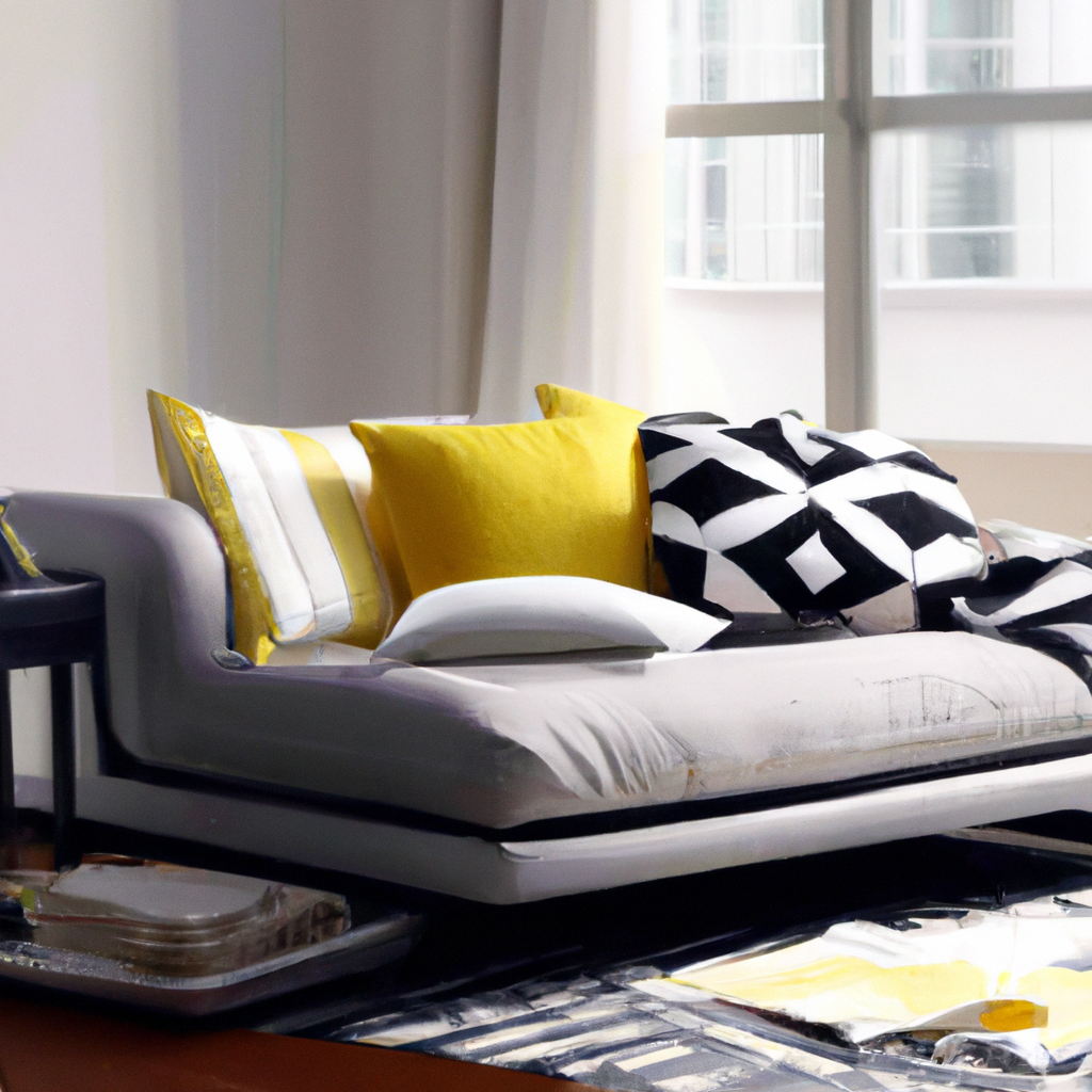 Salon moderne avec canapé gris, coussins jaunes et noir et blanc, ambiance lumineuse et accueillante.