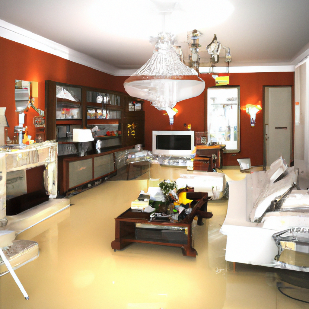 Salon moderne avec murs orange, canapé blanc, meubles en bois et éclairage design, ambiance élégante et accueillante.