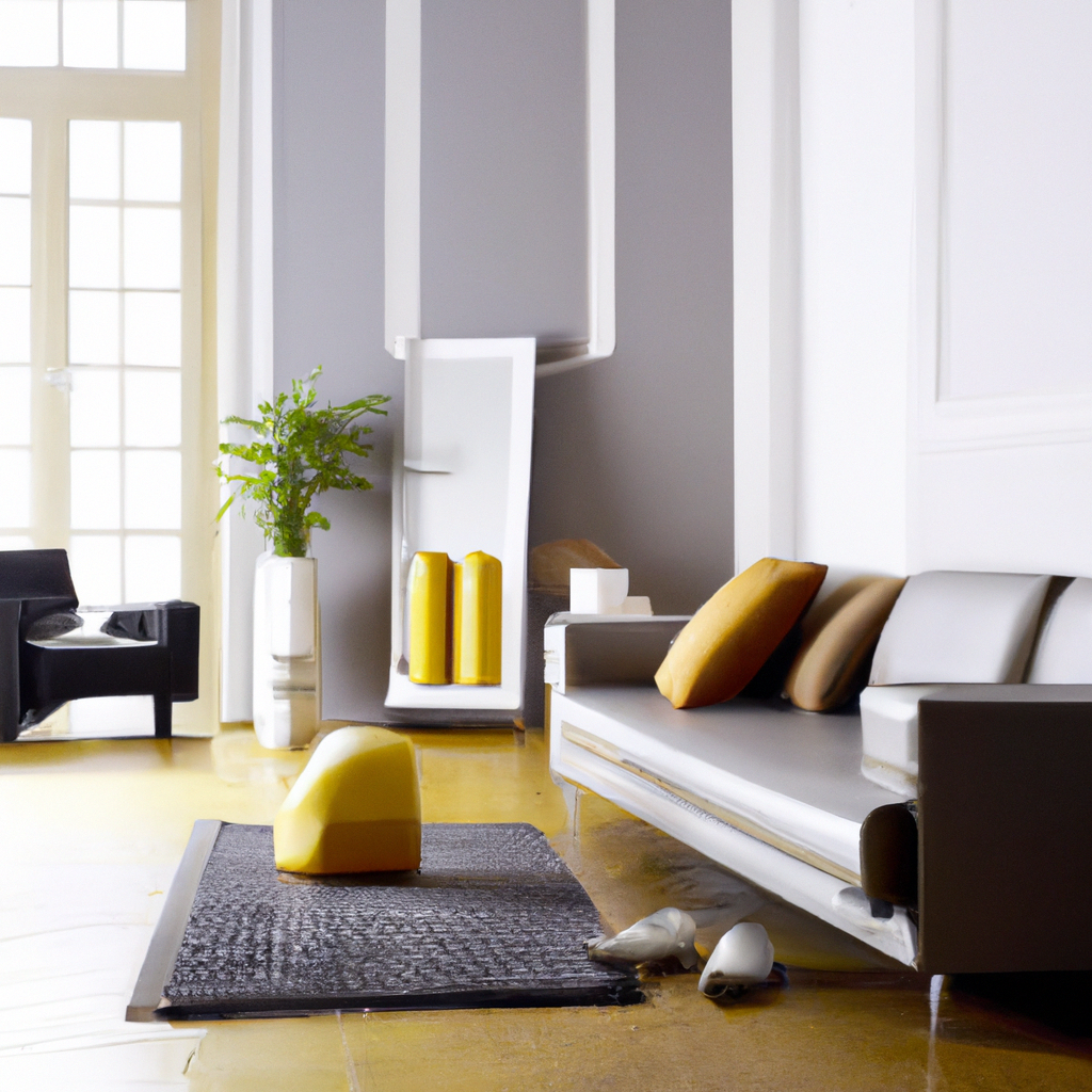 Salon moderne avec canapé gris, coussins jaunes, tapis noir, plantes vertes, et murs gris clair pour une ambiance chic.