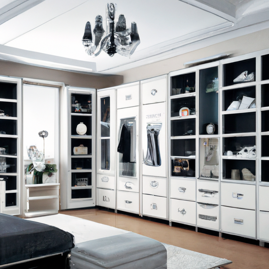 Chambre moderne avec meuble de rangement blanc, détails en chrome, chandelier contemporain et ambiance épurée et lumineuse.