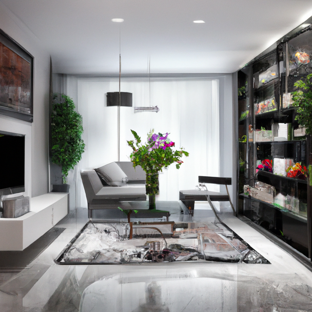 Salon moderne épuré avec canapé gris, chaise noire, plantes vertes et vase de fleurs colorées sur un sol en marbre.