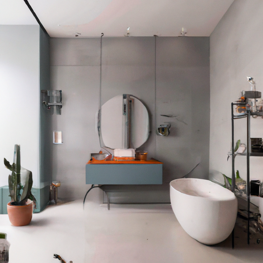 Salle de bain moderne avec meubles gris, miroir rond, baignoire blanche, et décor minimaliste, ambiance épurée et contempo...