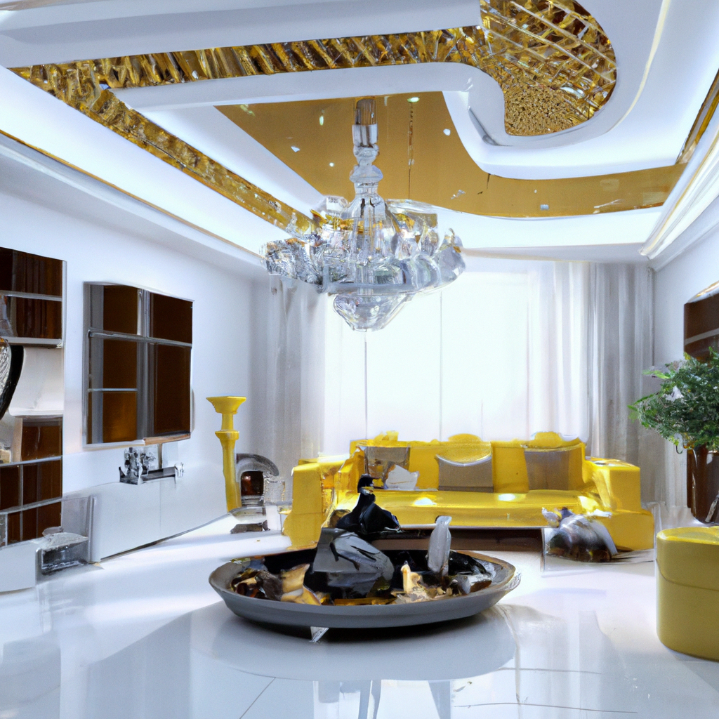 Salon moderne avec canapé jaune, chandelier en cristal, décor doré et éléments contemporains. Ambiance lumineuse et élégante.