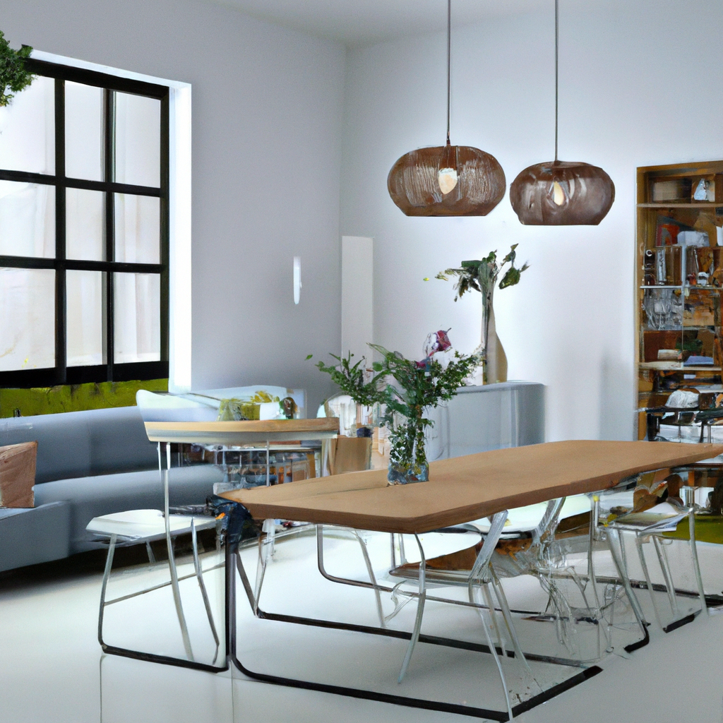 Intérieur moderne avec un sofa bleu, table bois clair, chaises blanches, suspensions en verre, ambiance lumineuse et minim...