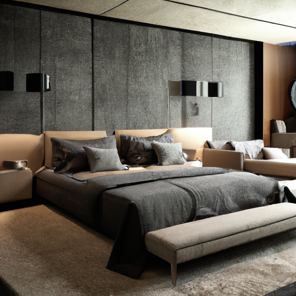 Chambre moderne aux tons gris, lit king size, coussins élégants, murs texturés et éclairage minimaliste, ambiance chic et ...