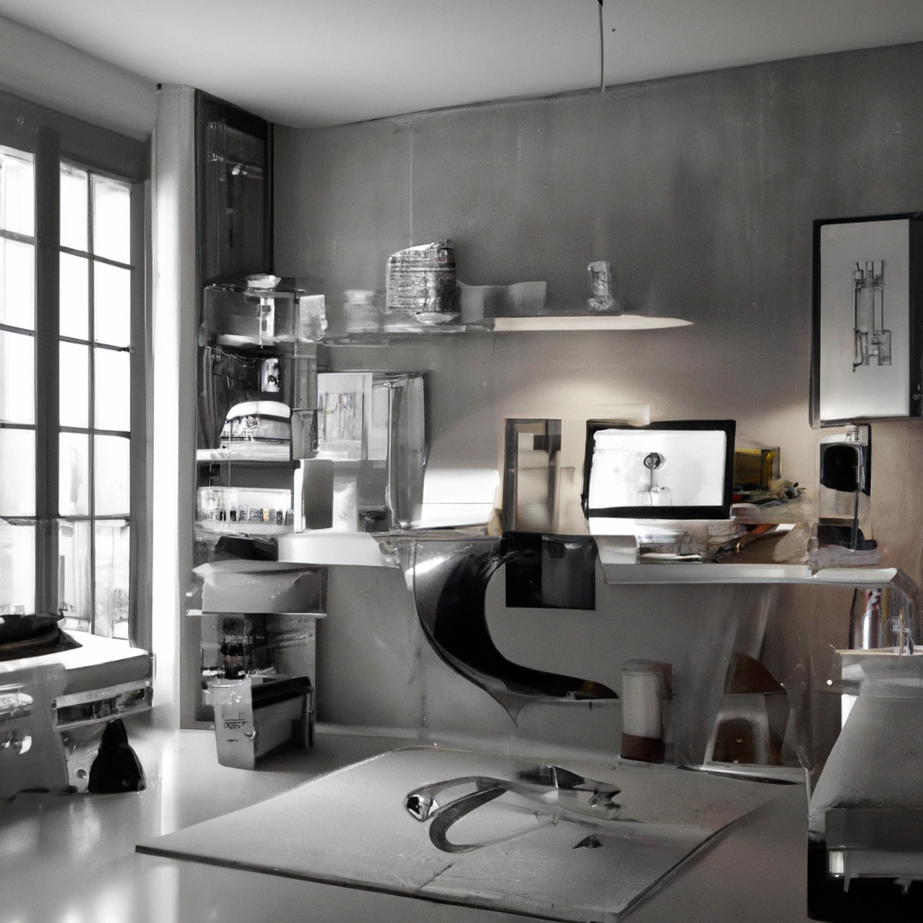 Intérieur moderne en monochrome argenté avec meubles transparents, ambiance futuriste et touches minimalistes.
