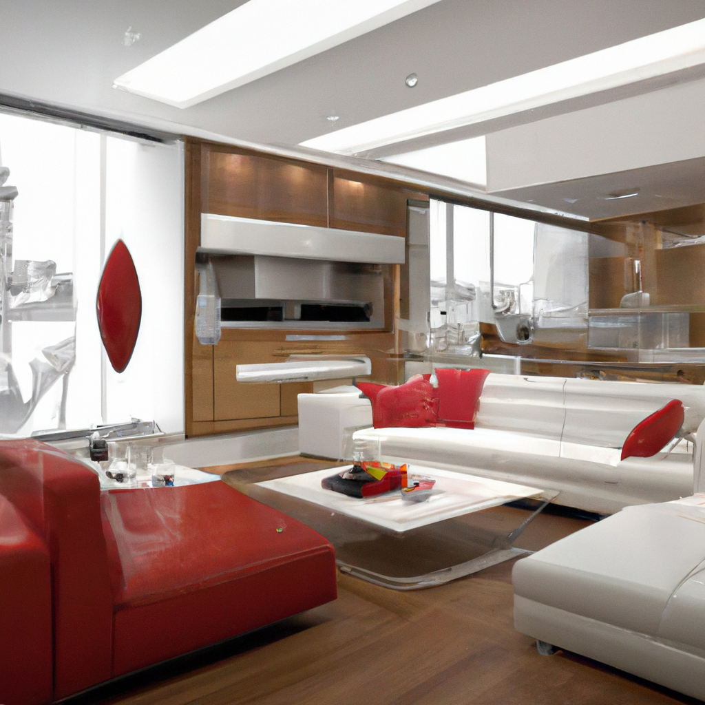 Salon moderne avec canapé rouge et blanc, table en verre, éclairage naturel, ambiance minimaliste et chaleureuse.