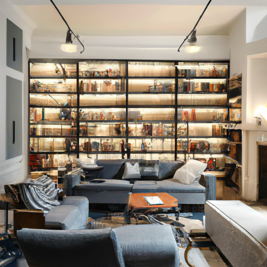 Salon moderne avec étagères ouvertes, canapés gris, touches industrielles, ambiance chaleureuse et éclairage doux.