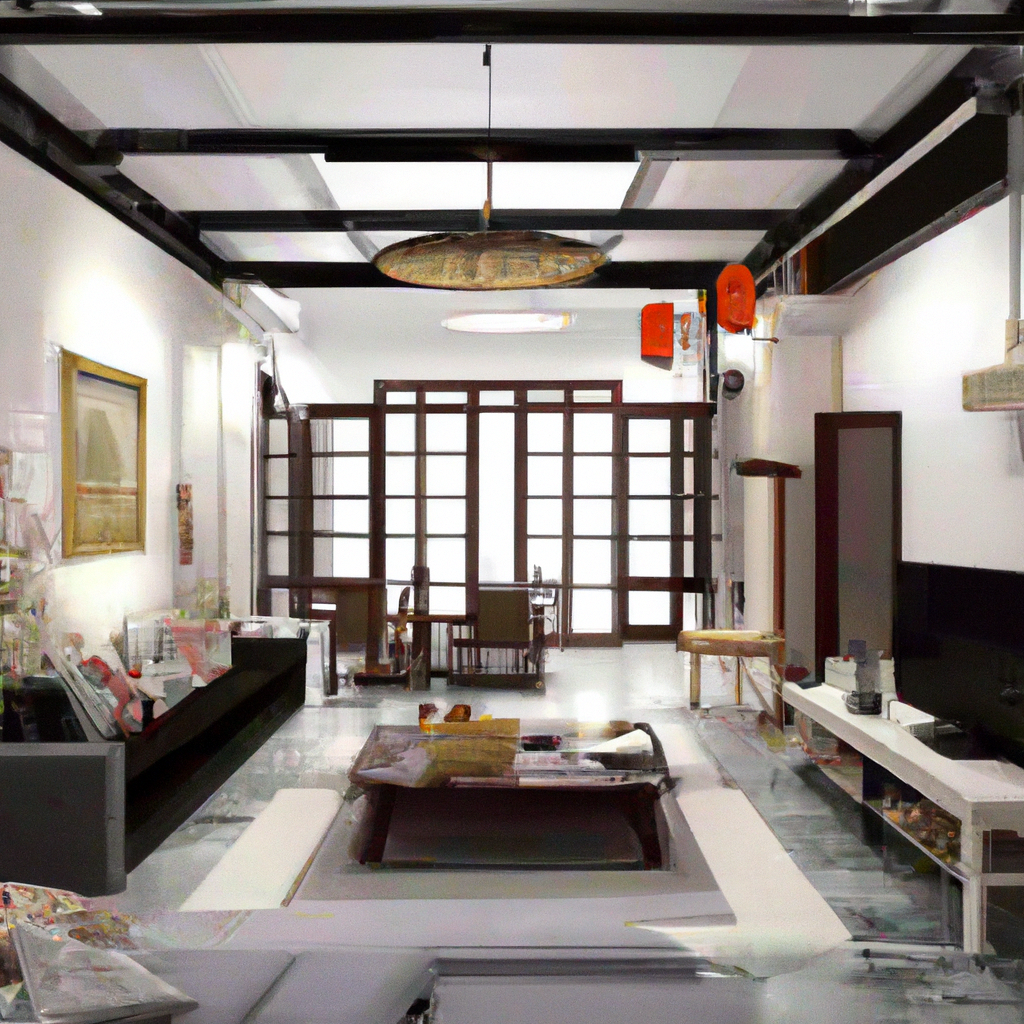 Intérieur moderne et épuré avec meuble en bois sombre, nuances grises et ambiance lumineuse, style minimaliste élégant.