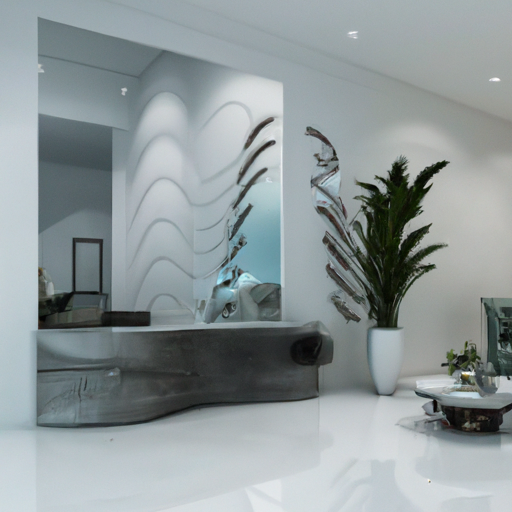 Décoration intérieure moderne, linéaire, avec murs blancs, meuble incurvé gris, plante verte et accents contemporains.