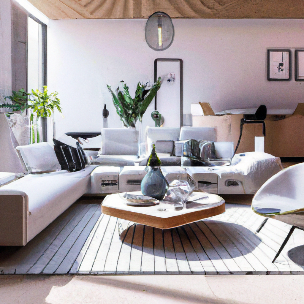 Salon contemporain lumineux avec canapé blanc, table basse en bois, plantes vertes et décoration minimaliste.