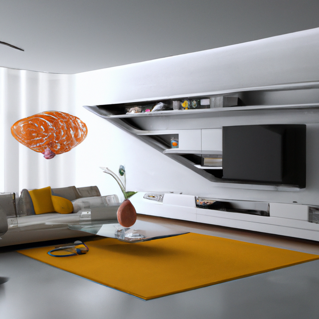 Salon moderne avec canapé gris, tapis jaune, murs blancs et étagères stylées. Ambiance minimaliste et lumineuse.