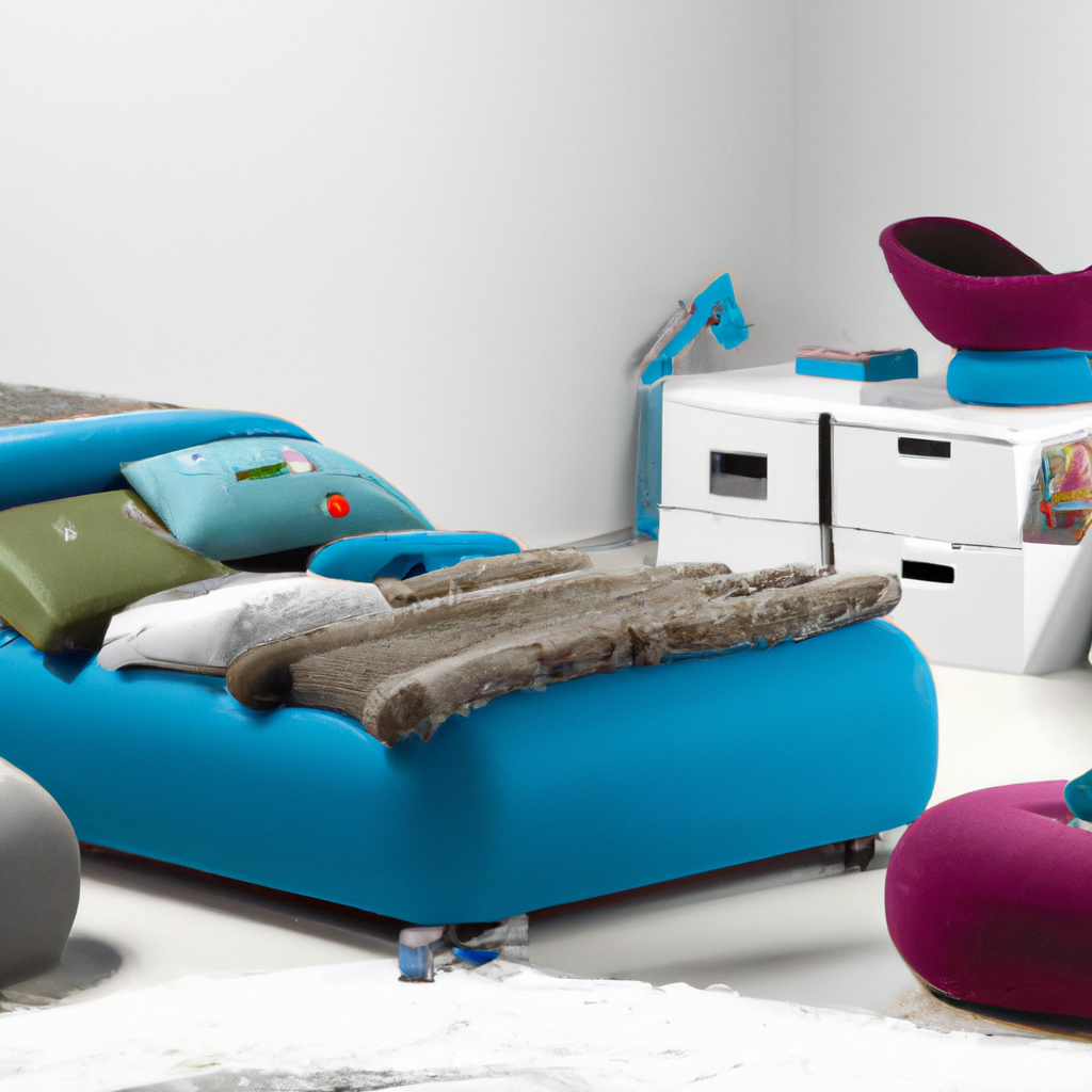 Lit moderne bleu avec coussins colorés, meuble de rangement blanc et accents violets, ambiance minimaliste et énergique.