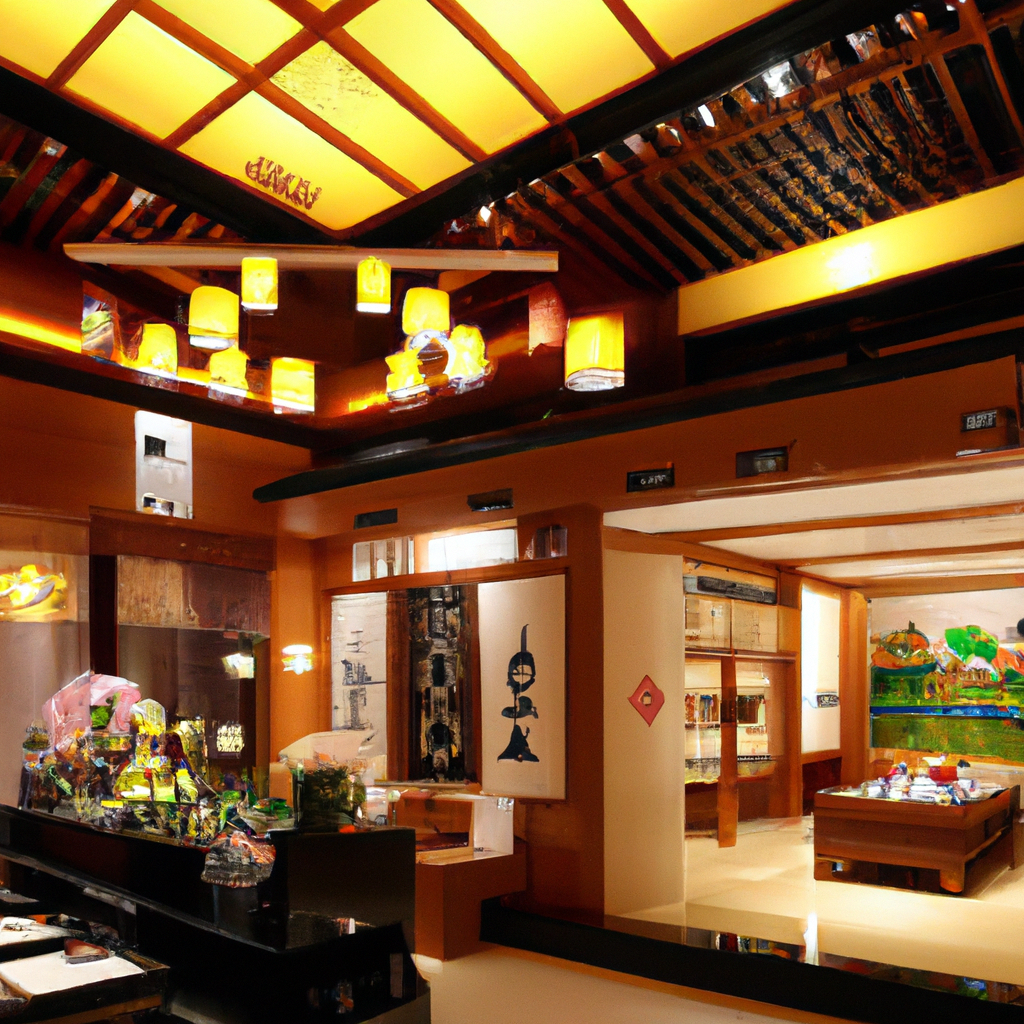 Intérieur chaleureux avec lampes suspendues, murs en bois, œuvres d'art colorées et ambiance zen accueillante.