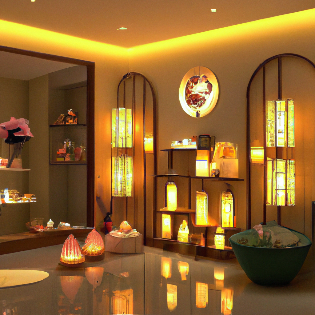 Décoration intérieure moderne avec éclairage chaleureux, étagères en bois, objets colorés et ambiance zen apaisante.