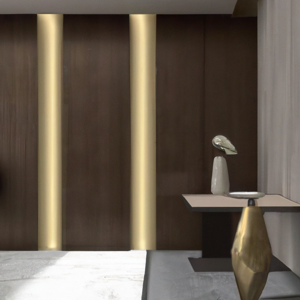 Décoration intérieure moderne avec murs en bois, éclairage doré, mobilier minimaliste et ambiance élégante.