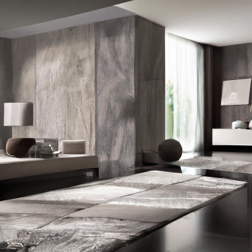 Décor intérieur moderne : murs en béton gris, meubles minimalistes, ambiance épurée et lumineuse, objets décoratifs en bois.