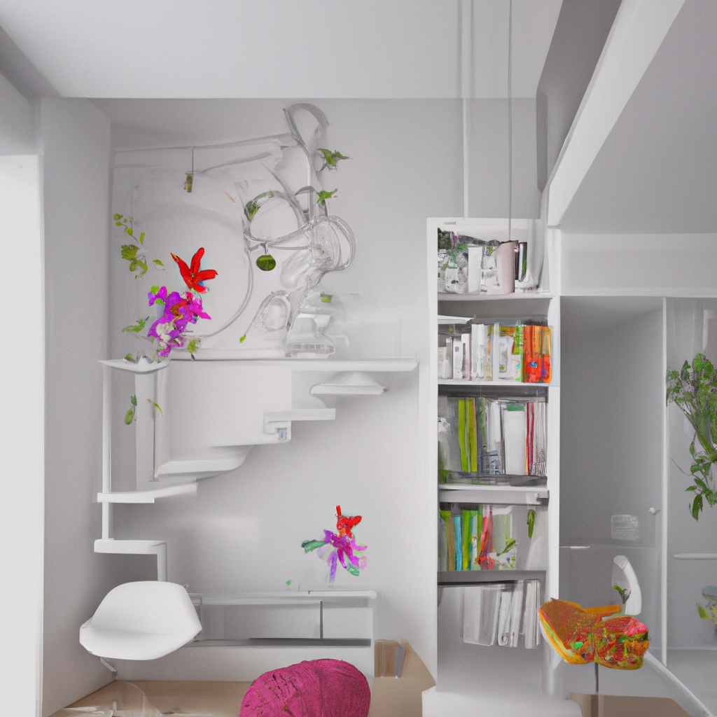 Intérieur moderne avec escalier minimaliste, bibliothèque colorée, fauteuil rose et touches de plantes vertes et fleurs vi...