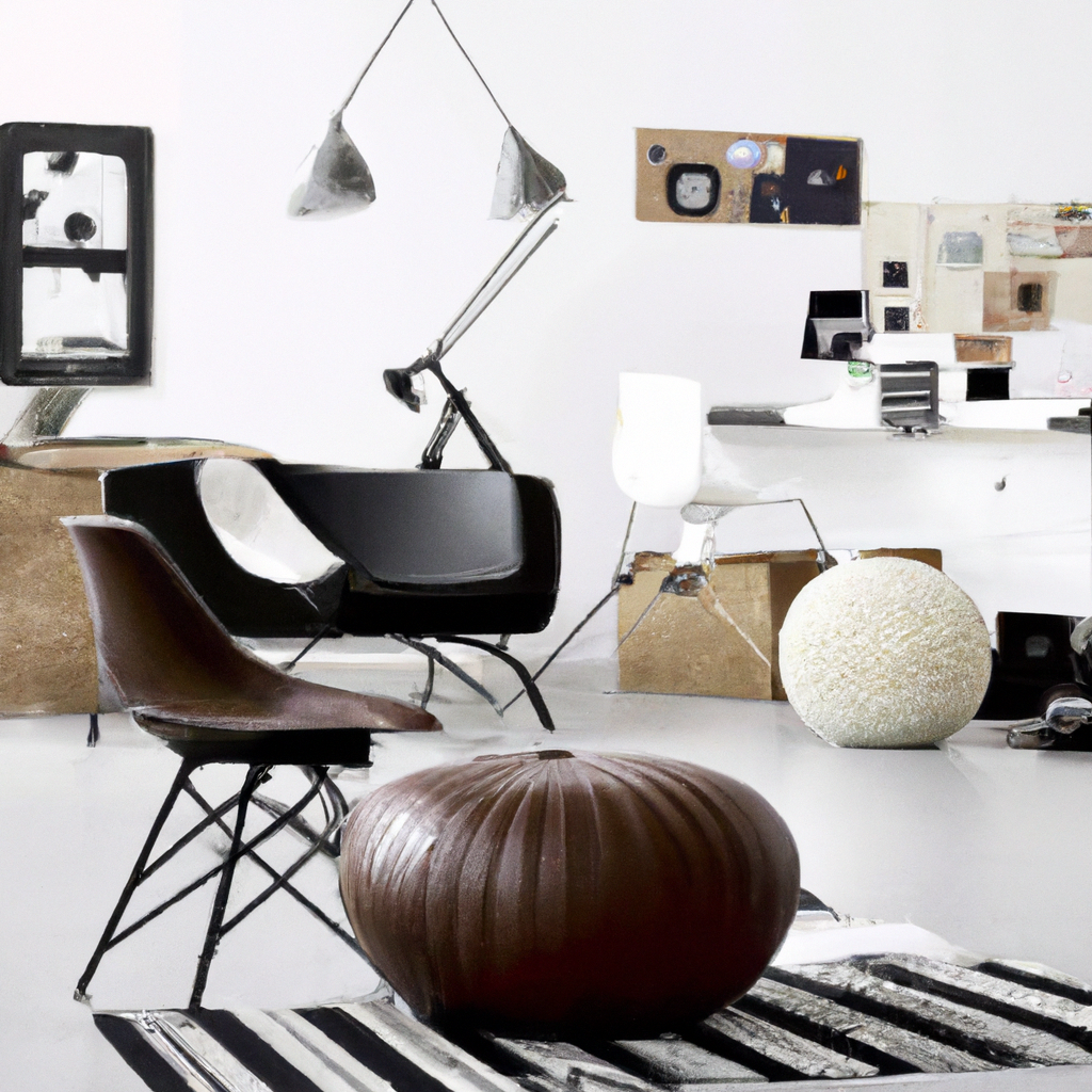Intérieur contemporain minimaliste avec fauteuils noirs, pouf chocolat, bureau épuré et ambiance lumineuse.