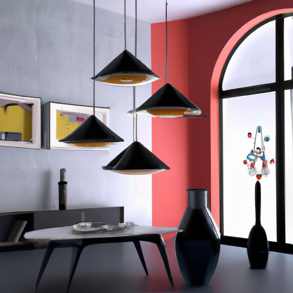 Décoration moderne avec plafonniers géométriques noirs, vase noir et rouge, murs rose, ambiance contemporaine et épurée.