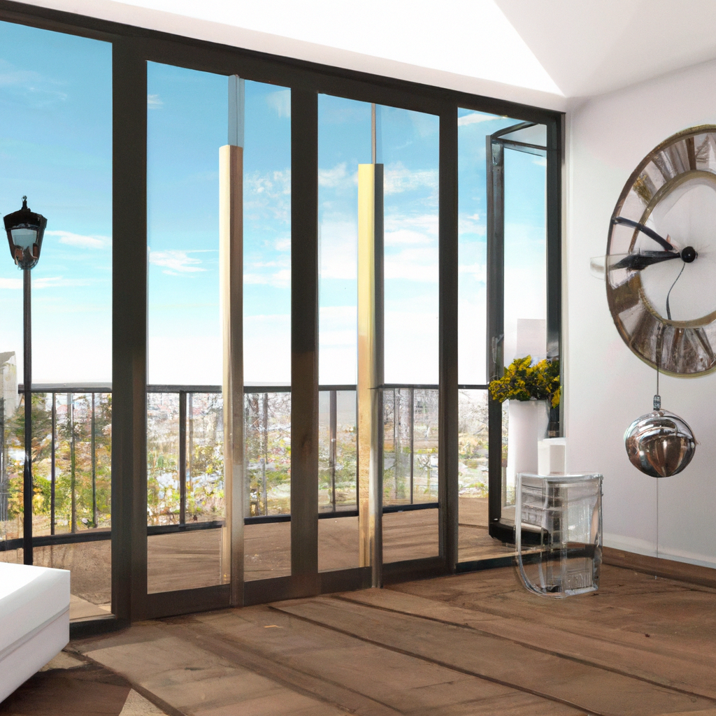 Intérieur moderne avec grandes baies vitrées, bois chaleureux, horloge design, éclairage suspendu et vue sur la ville.