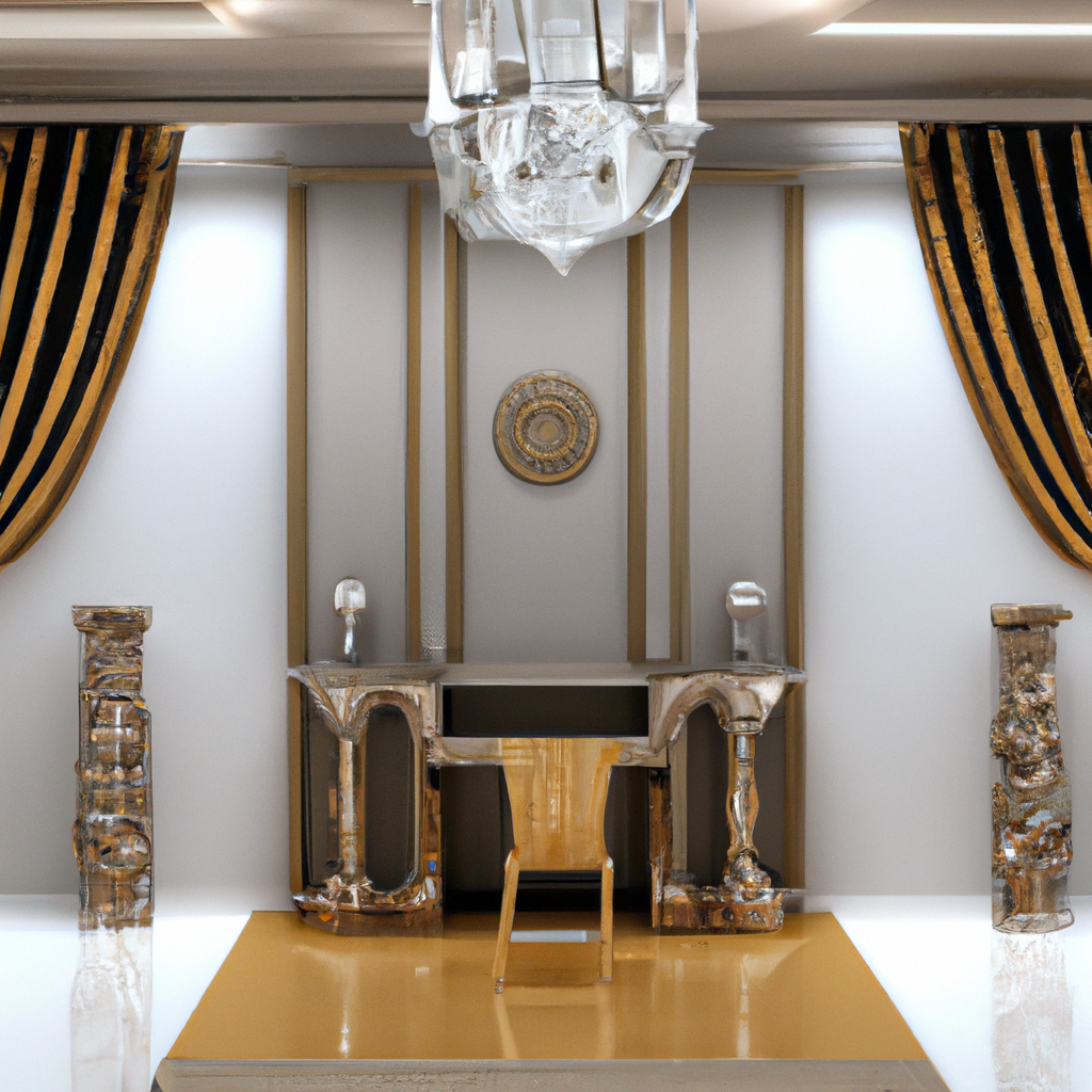 Décor intérieure luxe avec un bureau doré, colonnes décoratives, rideaux rayés noirs et or, et un lustre chic.