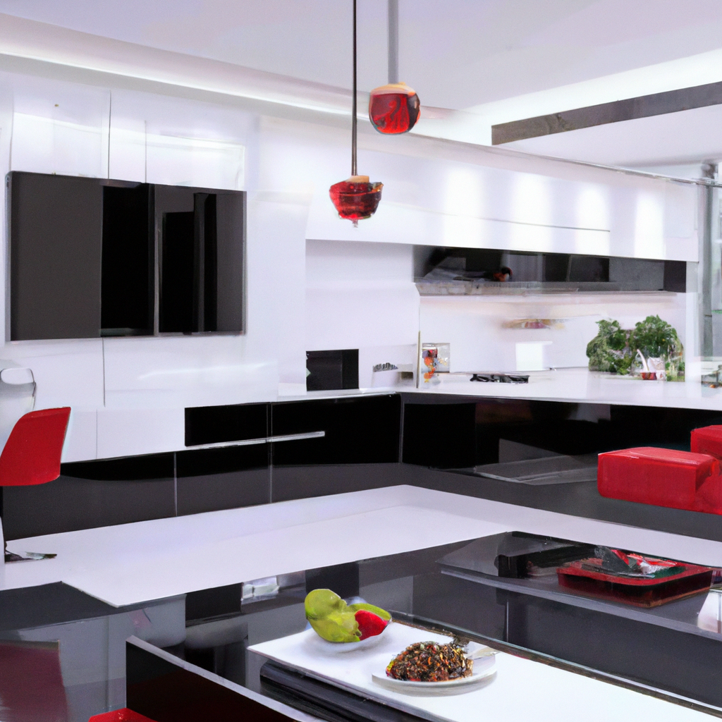 Cuisine moderne en noir et blanc, meubles épurés, touches rouges, ambiance élégante et contemporaine.