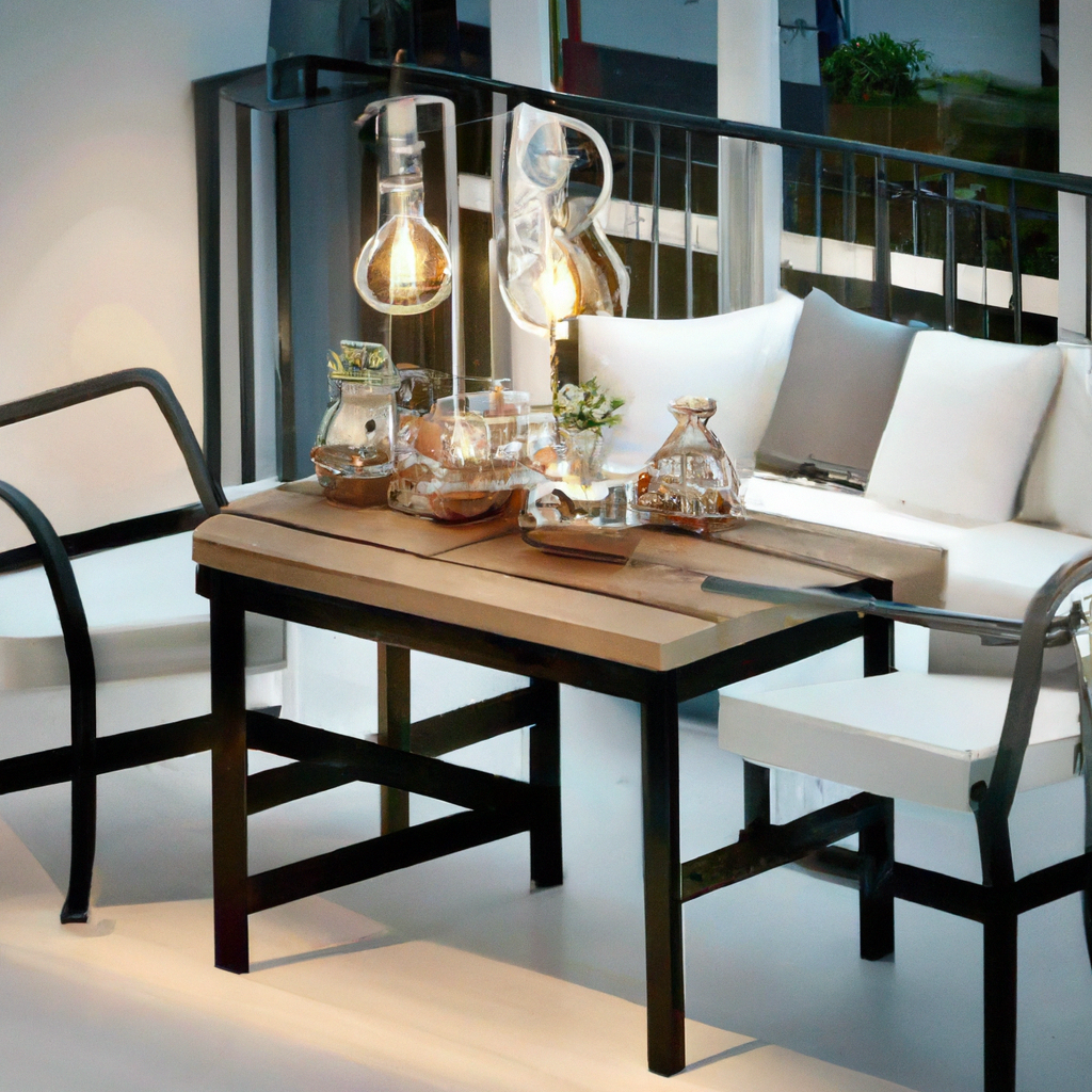 Table en bois et chaises blanches, éclairage vintage, ambiance moderne et chaleureuse, décoration minimaliste et élégante.