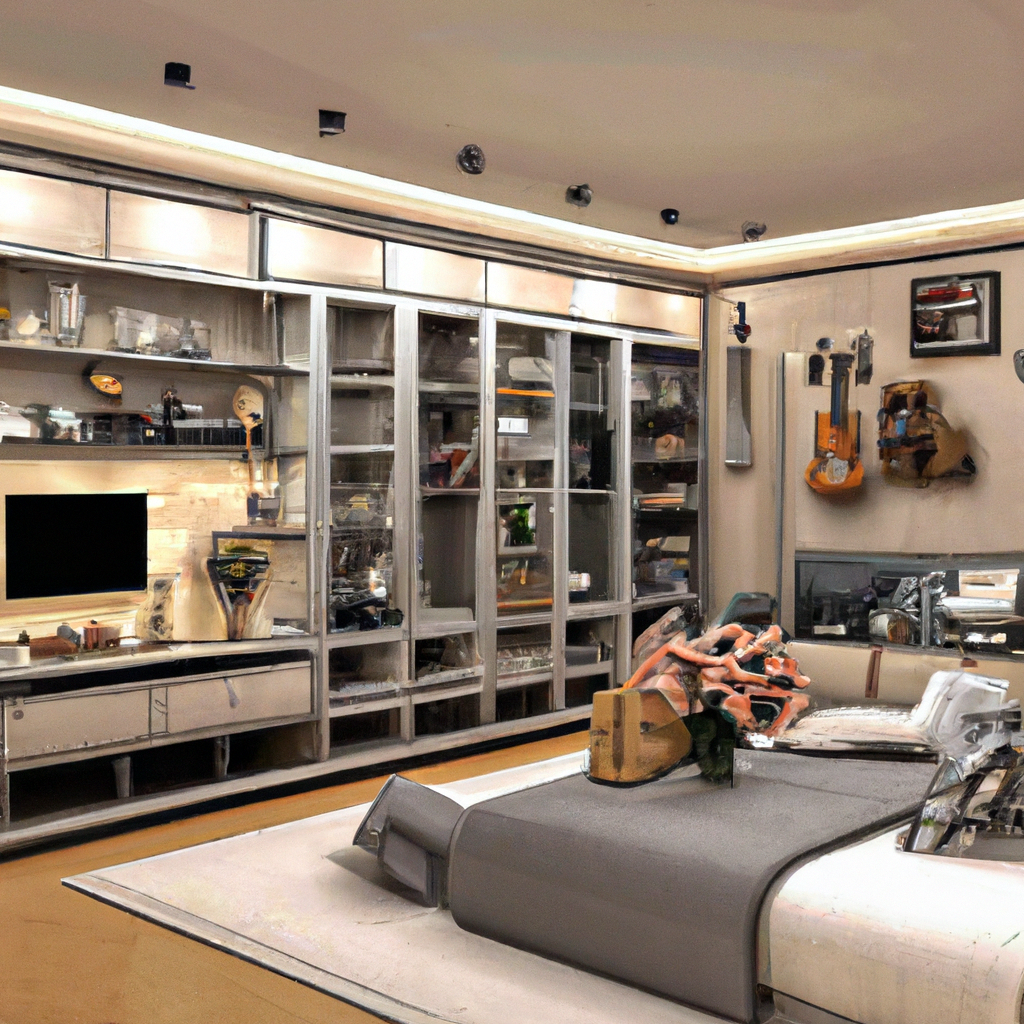 Chambre moderne avec meubles en métal, murs clairs, ambiance industrielles et objets décoratifs variés.