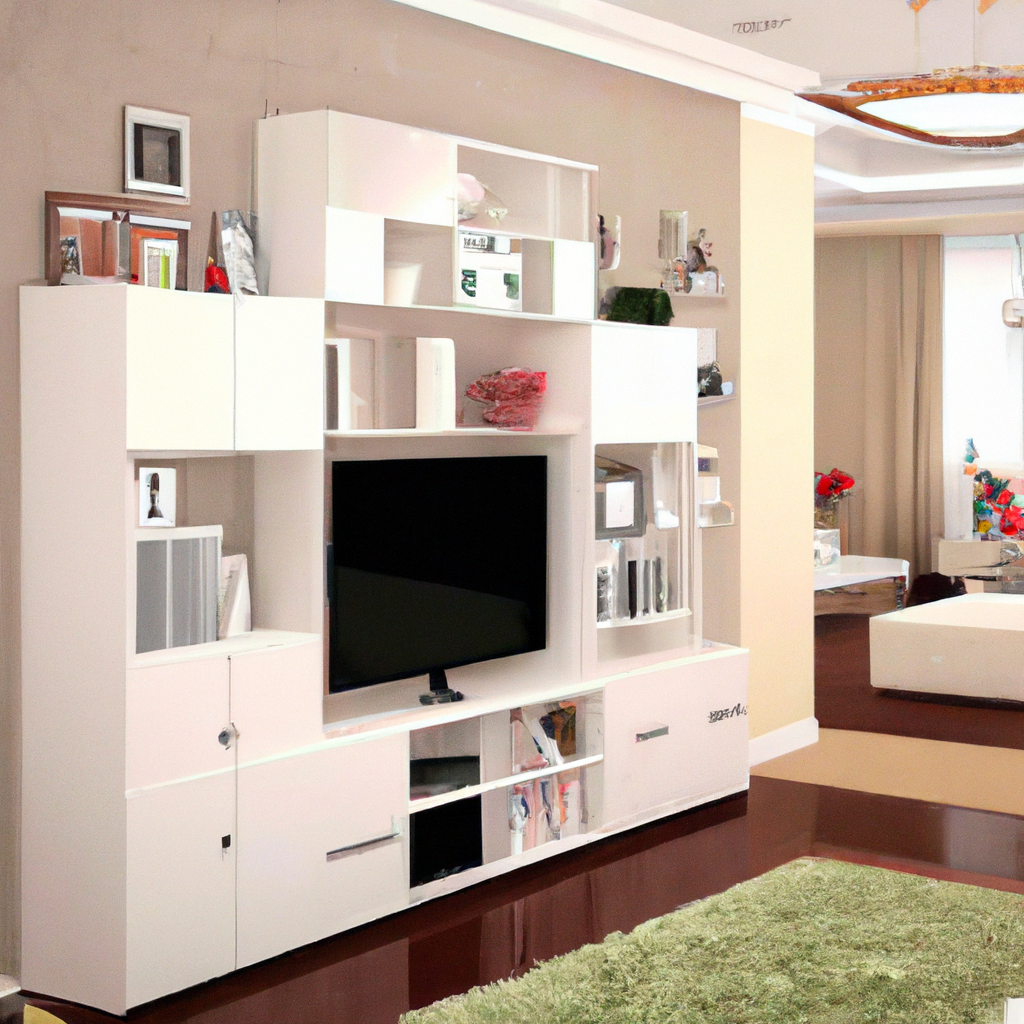 Salon moderne avec meuble TV blanc, étagères décoratives et tapis vert, ambiance chaleureuse et élégante.