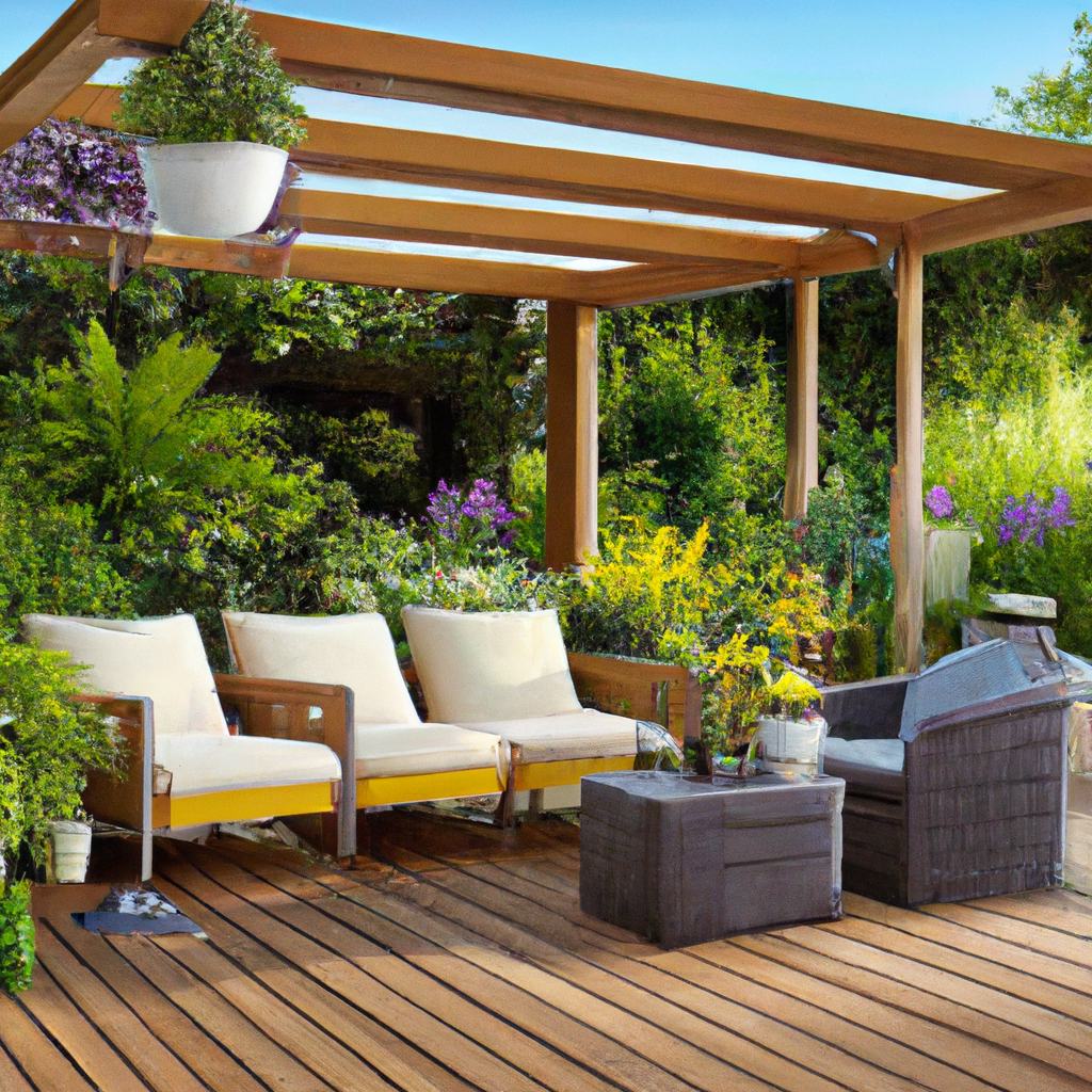Terrasse en bois avec canapé en palettes, coussins blancs, décoration florale colorée et ambiance naturelle apaisante.