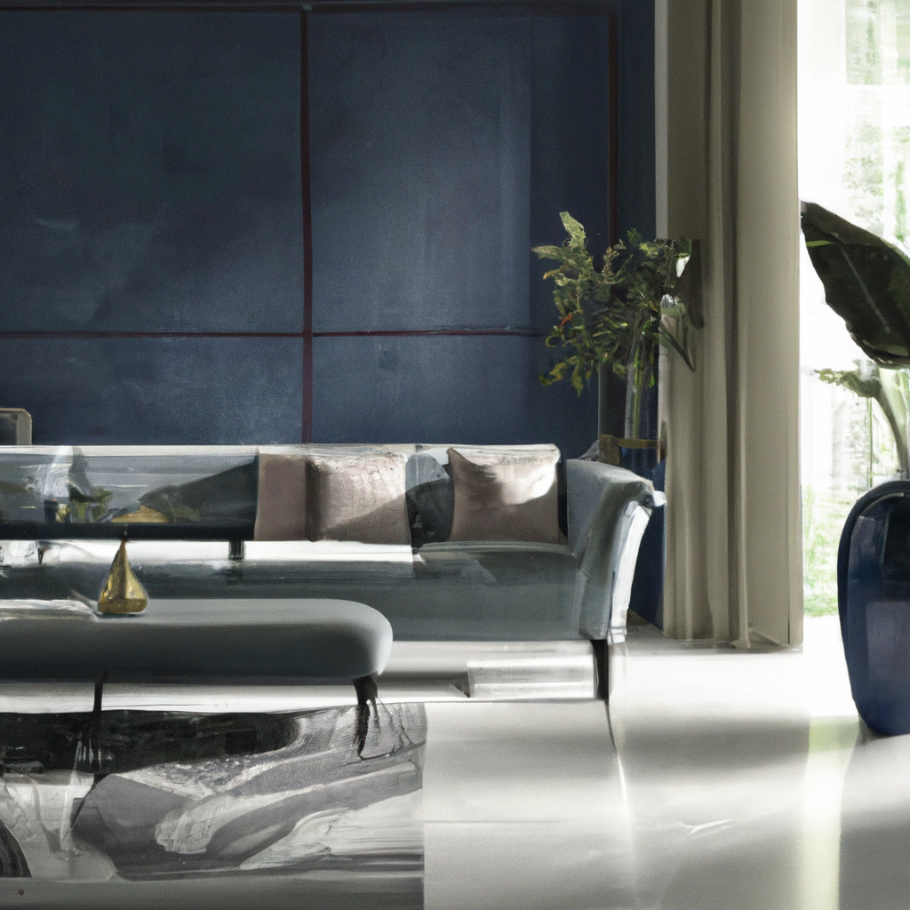 Salon moderne avec mur bleu, canapé en verre, coussins beiges et plantes, ambiance élégante et apaisante.