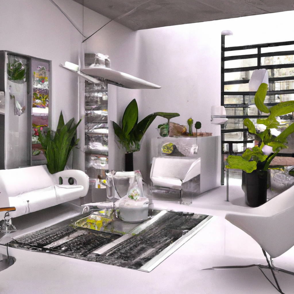 Intérieur moderne minimaliste, mobilier blanc, plantes vertes, ambiance lumineuse avec éléments en verre et touches de cou...