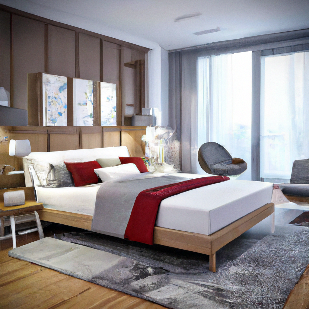 Chambre moderne avec lit en bois, coussins rouges, tapis gris, fenêtres lumineuses et art mural coloré.