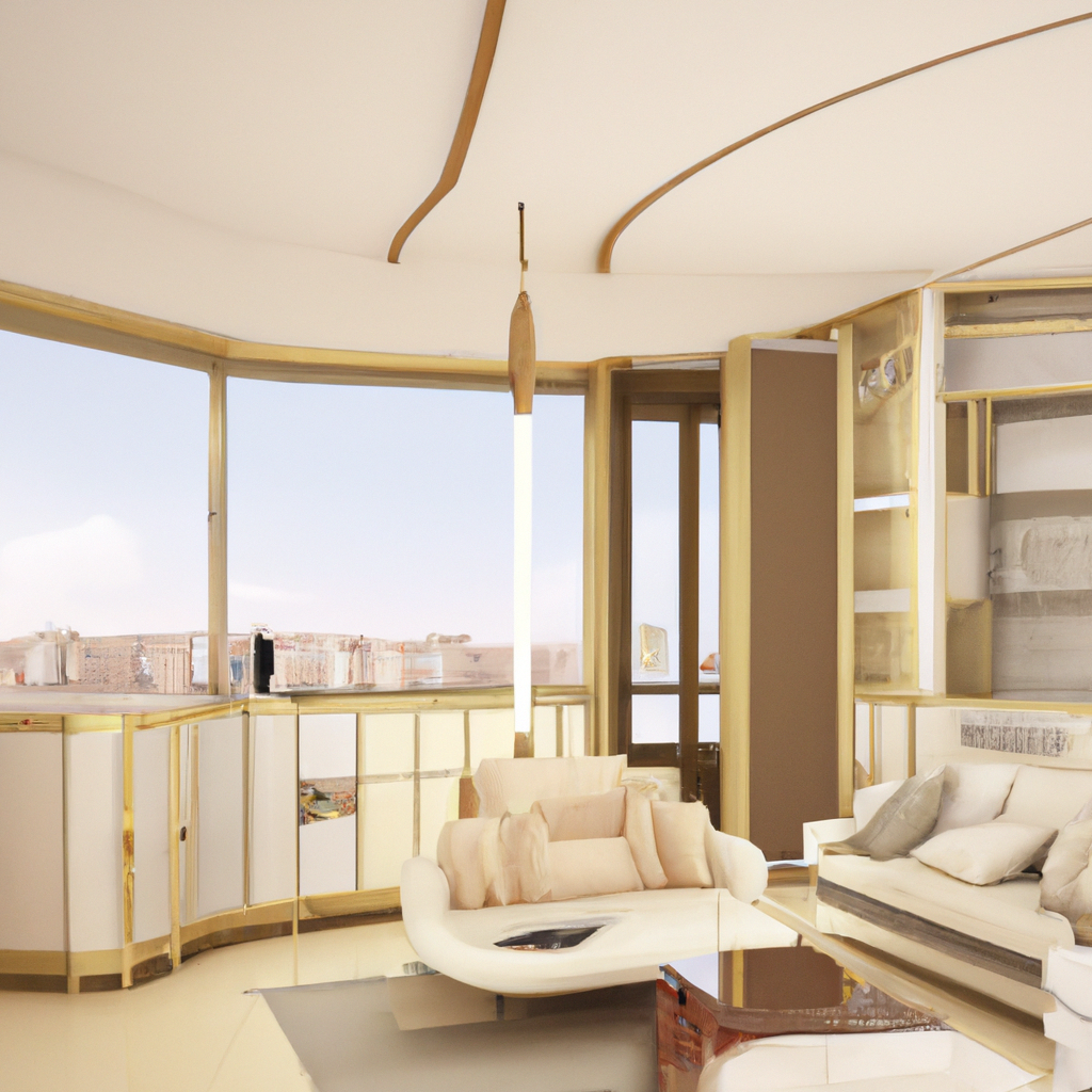 Intérieur moderne beige et doré, salon élégant avec canapé incurvé, lumière douce et grandes fenêtres.