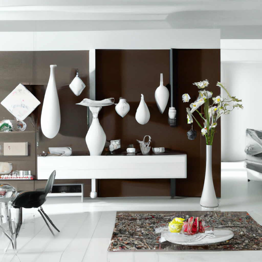 Décoration intérieure moderne avec mur marron, vases blancs suspendus, une table blanche et un tapis coloré.