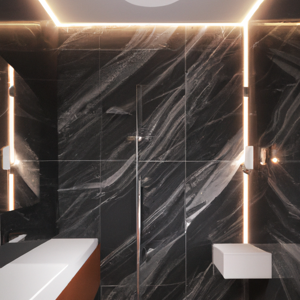 Salle de bain moderne avec murs en marbre noir, éclairage LED intégrée et lavabo minimaliste. Ambiance élégante et contemp...