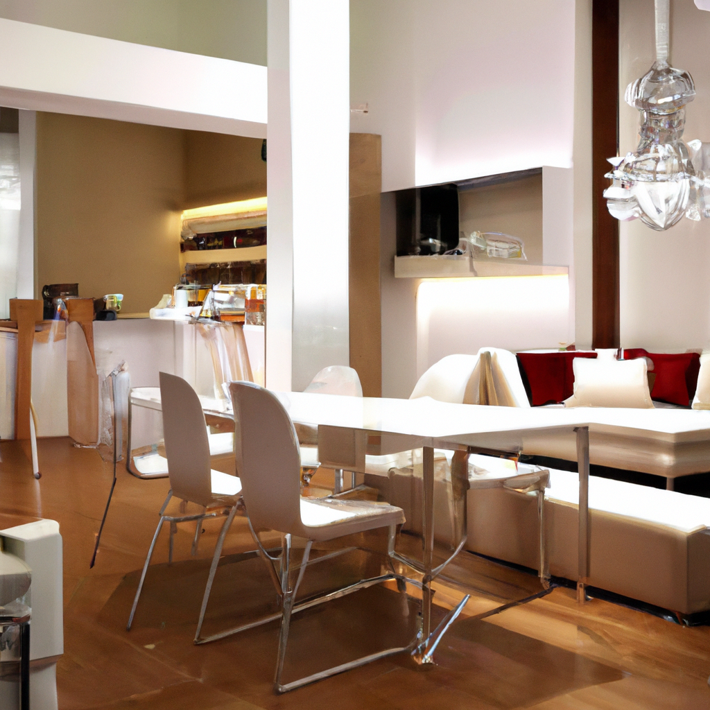 Intérieur moderne chic avec table transparente, chaises blanches et canapé beige, ambiance lumineuse et chaleureuse.