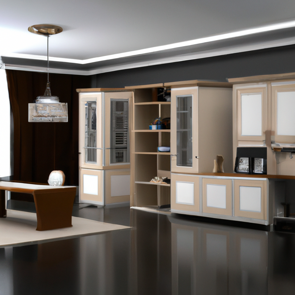 Intérieur moderne avec des meubles beige et gris, étagères élégantes, table au design contemporain et éclairage chaleureux.