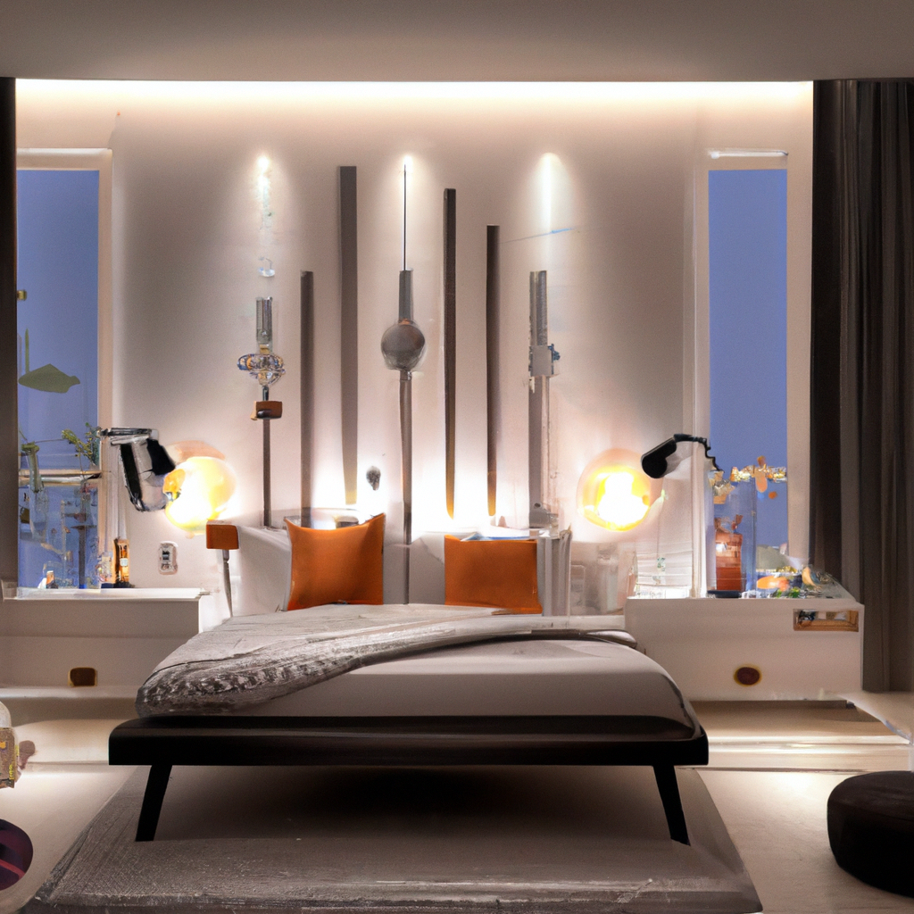 Chambre moderne et élégante avec lit gris, coussins orange, éclairage d'ambiance et décor artistique minimaliste.