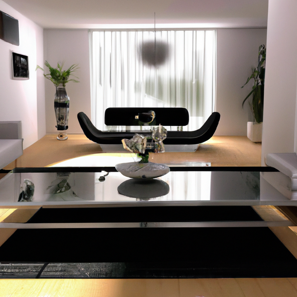 Salon moderne en noir et blanc, avec un canapé élégant, une table en verre et des plantes, ambiance minimaliste et chic.