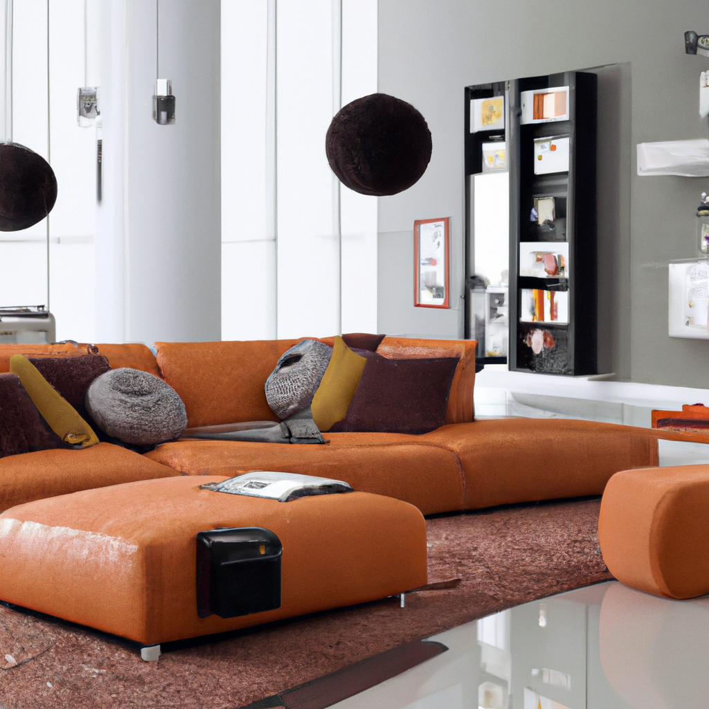 Salon moderne avec canapé orange, coussins gris et aubergine, tapis brun, décor épuré et ambiance chaleureuse.