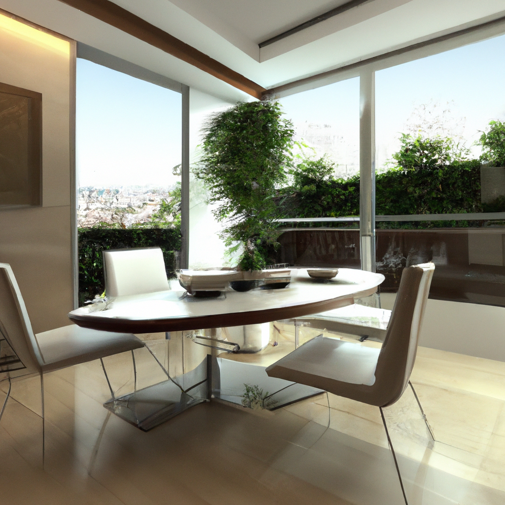 Salle à manger moderne avec table ovale en verre, chaises blanches, lumière naturelle et planteries verdoyantes.
