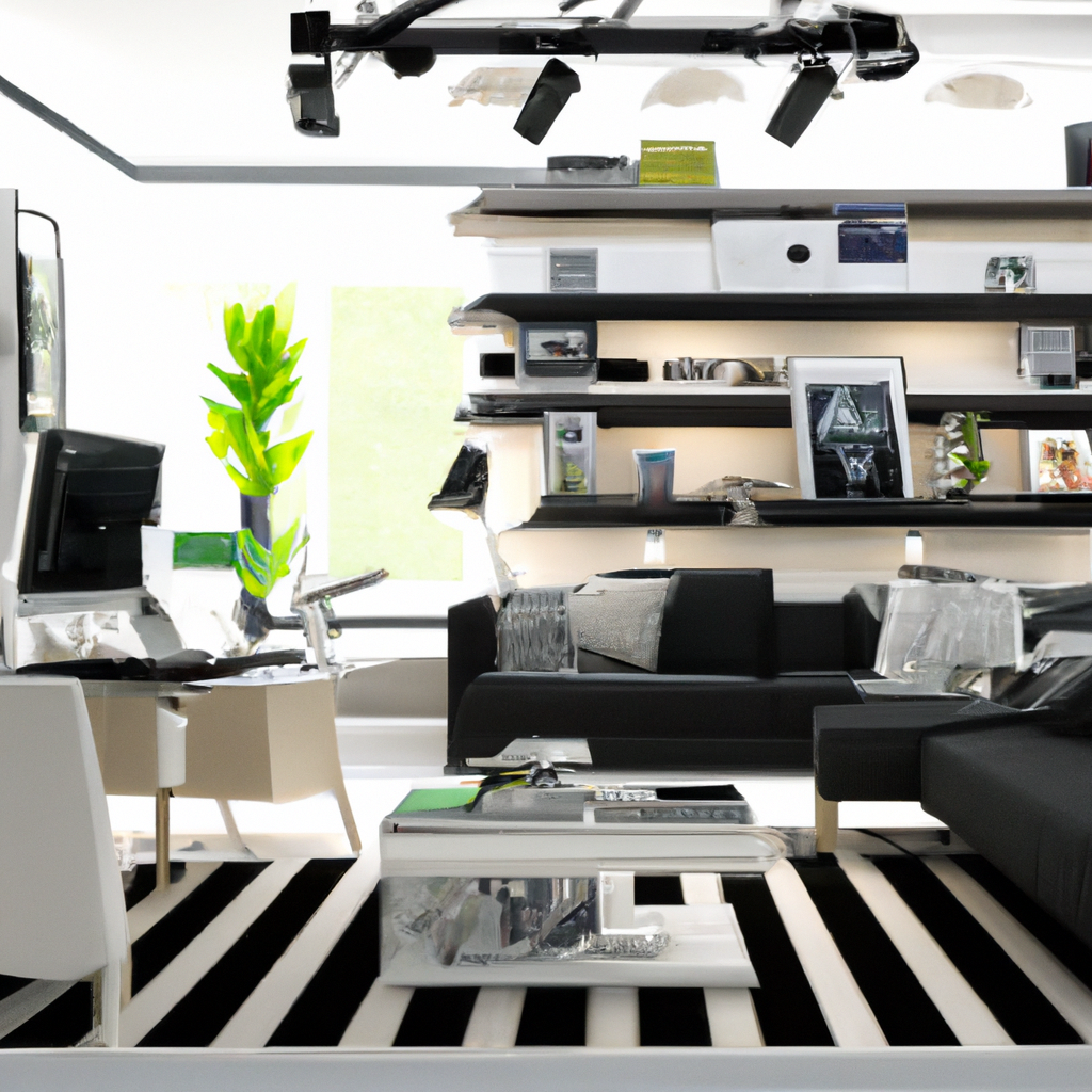 Salon moderne avec canapé noir, étagères blanches, tapis rayé noir et blanc, et éléments décoratifs minimalistes.