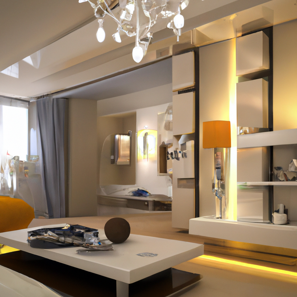 Intérieur moderne épuré avec mobilier minimaliste, lampadaire orange, couleurs neutres et éclairage doux.