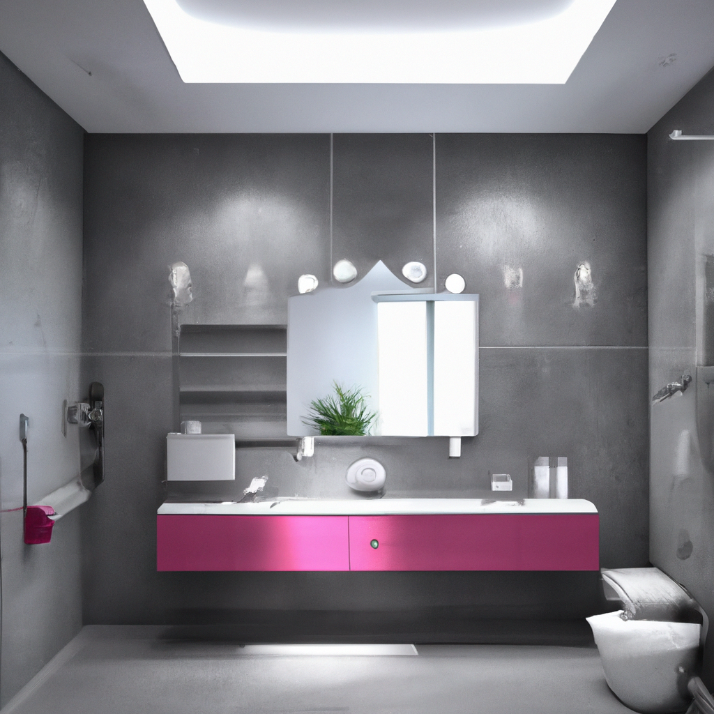 Salle de bain moderne avec meuble rose, miroir design, lumière naturelle et décoration minimaliste. Ambiance épurée.