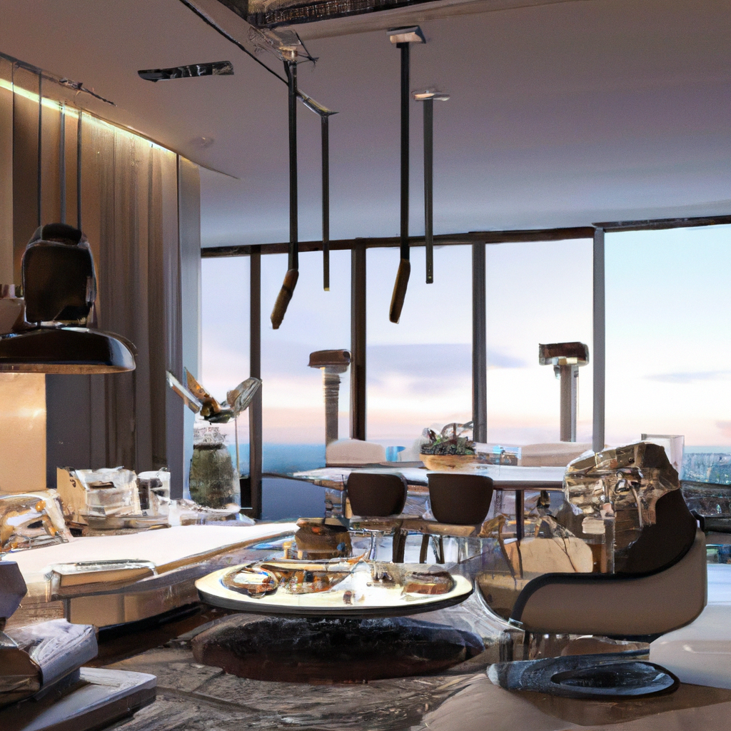 Intérieur moderne avec mobilier en métal et verre, couleurs neutres, lumière naturelle, ambiance élégante et contemporaine.