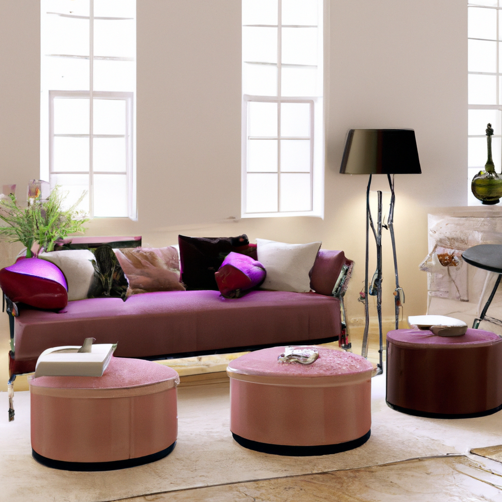 Salon moderne avec canapé violet, tables basses rondes roses et noires, lampadaire élégant, ambiance chic et chaleureuse.